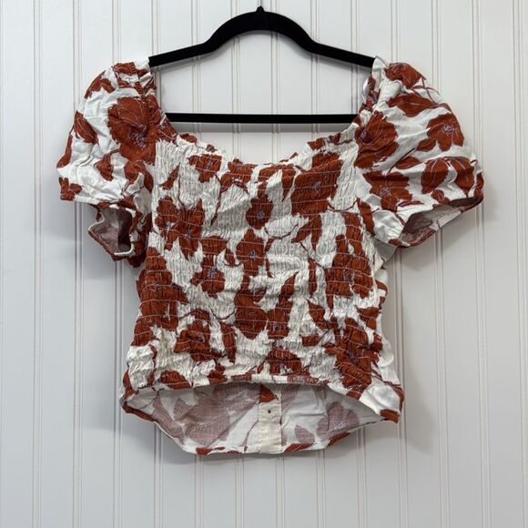 NWT Monteau Burnt Orange White Floral Boho Crop Peasant Button Front Top Blouse - Picture 5 of 5
